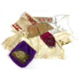 Assorted Costume Accessories including a purple silk bag with carved bone mounts, appliqued with