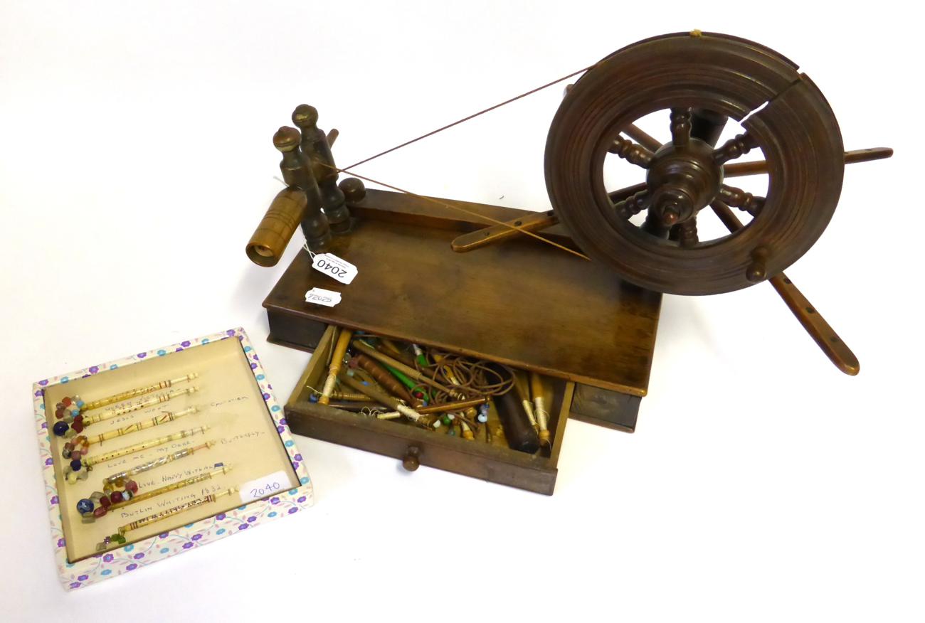 Victorian Treen Lace Makers Bobbin Winder on a rectangular base with single drawer; Five 19th