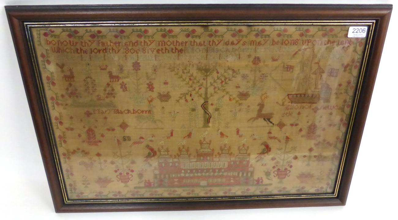 Adam and Eve Sampler Worked by Mary Blackborrn Dated 1832, with religious verse to the top, grand