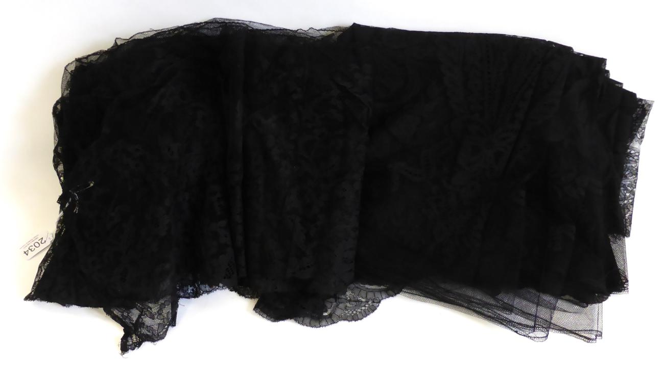 19th Century Black Lace Flounce of floral design with scalloped hem, 900cm by 54cm; and Another