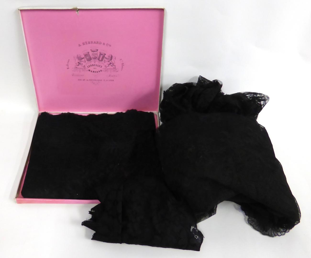 Black Lace French Shawl in an A Hebrard & Co, Lyon card box; Black Lace Shawl with floral motifs