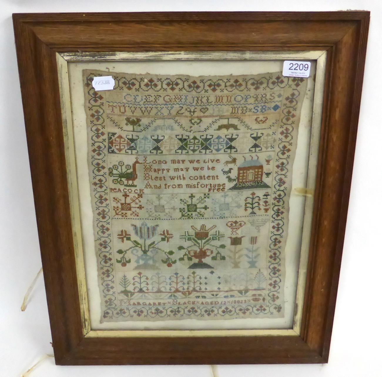 19th Century Alphabet Sampler Worked by Margaret Black aged 12 with central verse, floral motifs,