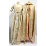 19th Century Floral Printed Silk Taffeta Evening Dress with short sleeves, round neck, fabric