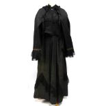 Victorian Black Silk Two Piece and Accessories including a black grosgrain fitted long sleeved