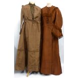 19th Century Brown Silk Dress with applique trim and attached belt; Rust Brown Silk Dress with