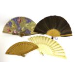 Assorted Circa 19th Century and Later Fans including a carved ivory fan with pierced and inlaid