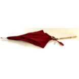 19th Century Chinese Folding Parasol with red silk mount, ivory knop, floral carved ivory shaft,