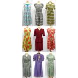 Circa 1940's and 1950's Day Dresses and Suits including a green tea dress with red and white