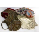 Two Eastern Cream Silk Panels embroidered with silvered threads; striped silk shawl; Brocade Bag