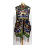 Late 19th Century Chinese Waistcoat embroidered in coloured silk and gold threads with dragons,