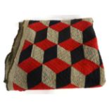 Early 19th Century Tumbling Block Quilt, of hand woven wool panels in red, black and grey linen,