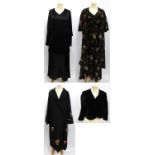Circa 1930s Black and Floral Bias Cut Dress and Jacket with short sleeves, bow detailing to the