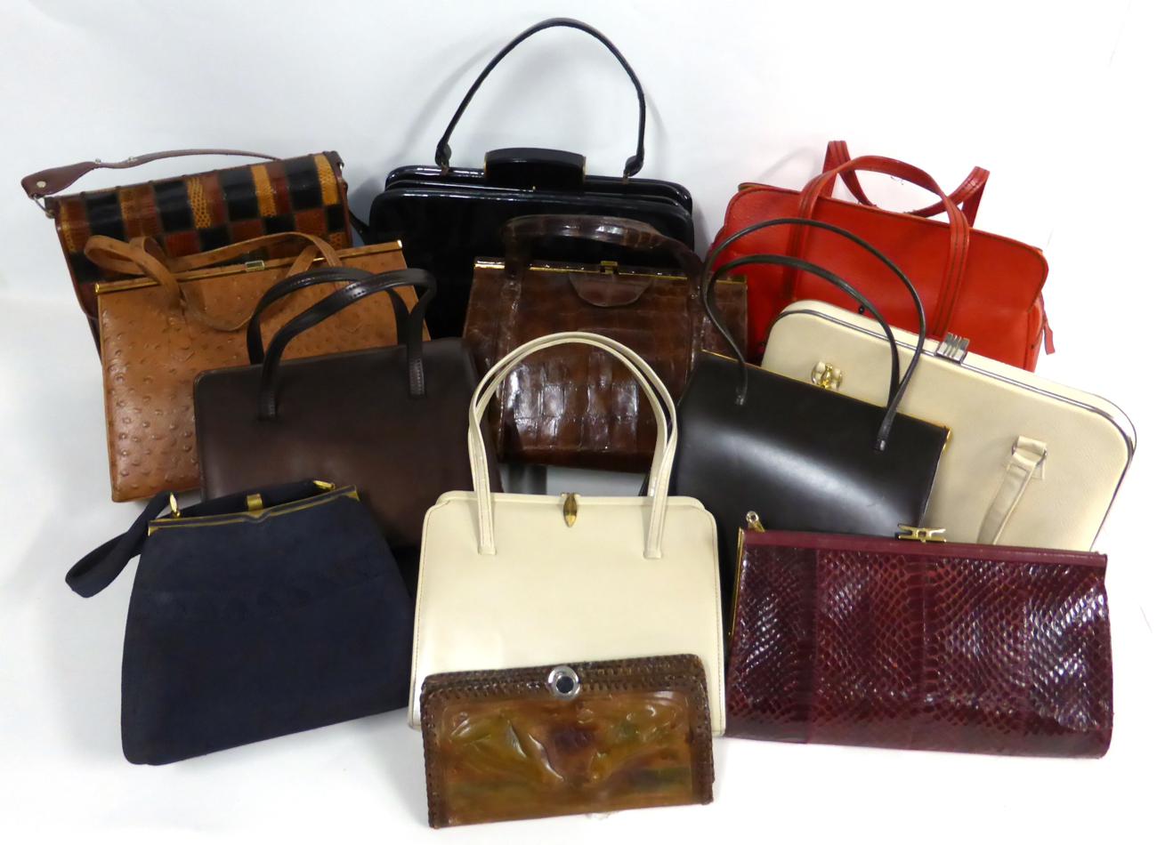 Assorted Modern Handbags including a navy blue Corde evening bag, patent bag, leather bags etc (