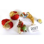 A Brooch, by Miriam Haskell, the spray brooch set with faux coral, jade, diamond and pearl, measures