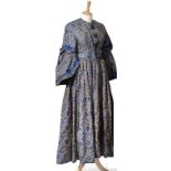 19th Century Blue and Silvered Brocade Dress with long tiered sleeves, flared cuffs, ribbon and