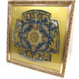 18th Century Woven and Embroidered Chair Seat Cover, worked primarily in blue with central medallion