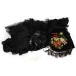 Assorted Costume Accessories including 1920s Black Sequin Cloche Evening Hat; black silk shawl,