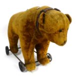 Early 20th Century Steiff Yellow Mohair Bear on Wheels (no tag), with black eyes, stitched nose
