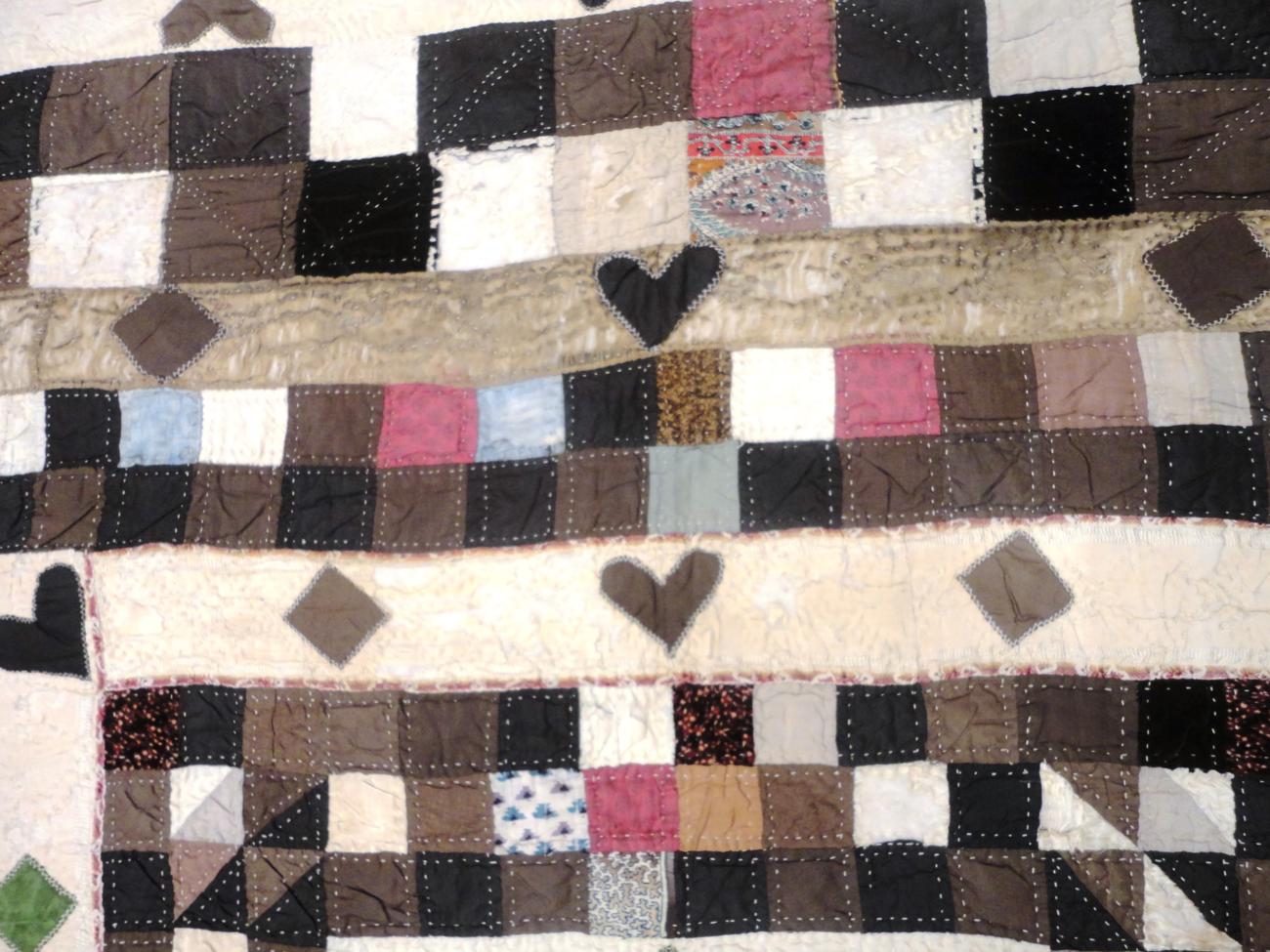 A 19th Century Patchwork 'Wedding' Quilt worked in coloured silks and brocades within a brown and - Image 4 of 7