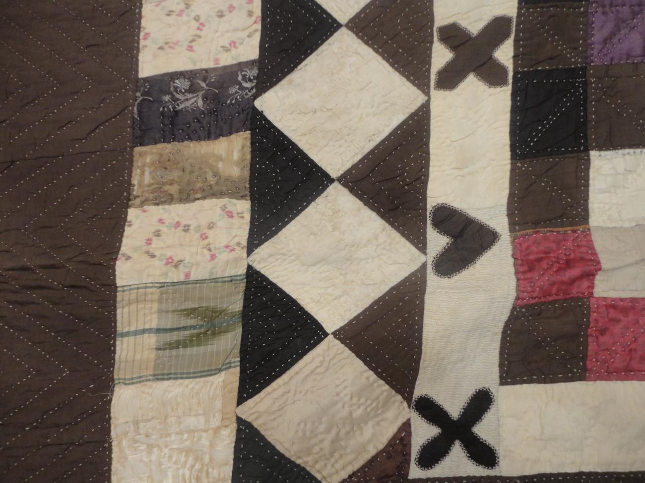 A 19th Century Patchwork 'Wedding' Quilt worked in coloured silks and brocades within a brown and - Image 7 of 7