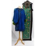 Chinese Royal Blue Silk Robe with lime green silk embroidered cuffs (af); Chinese Green Silk Wall