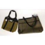 Dior Brown Leather And Logo Fabric Handbag with chrome mounts and logo, leather and fabric