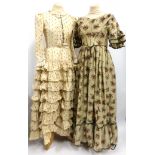 19th Century Cream Ground Floral Printed Silk Dress with short tiered sleeves trimmed with green