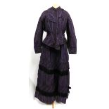 Victorian Purple and Black Silk Patterned Two Piece comprising a fitted bodice with long sleeves and