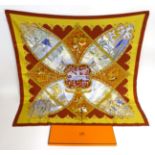 Hermes Silk Scarf 'La Vie A Cheval' designed by L Toutsy with a rust red border, 90cm square, with