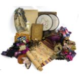 Assorted Late 19th/Early 20th Century Ribbons, Appliques, two plum velvet cushions with gold trim;