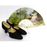 Pair of Circa 1920s Black Silk Evening Shoes with diamante mounts to the heel, impressed 5.5 to