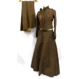 19th Century Brown Silk Two Piece with fitted bodice and contrasting brown silk mounts, full