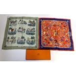 Hermes Silk Pocket Scarf 'Pierres D'Orient et de D'Occident'  on a red ground with blue marbled