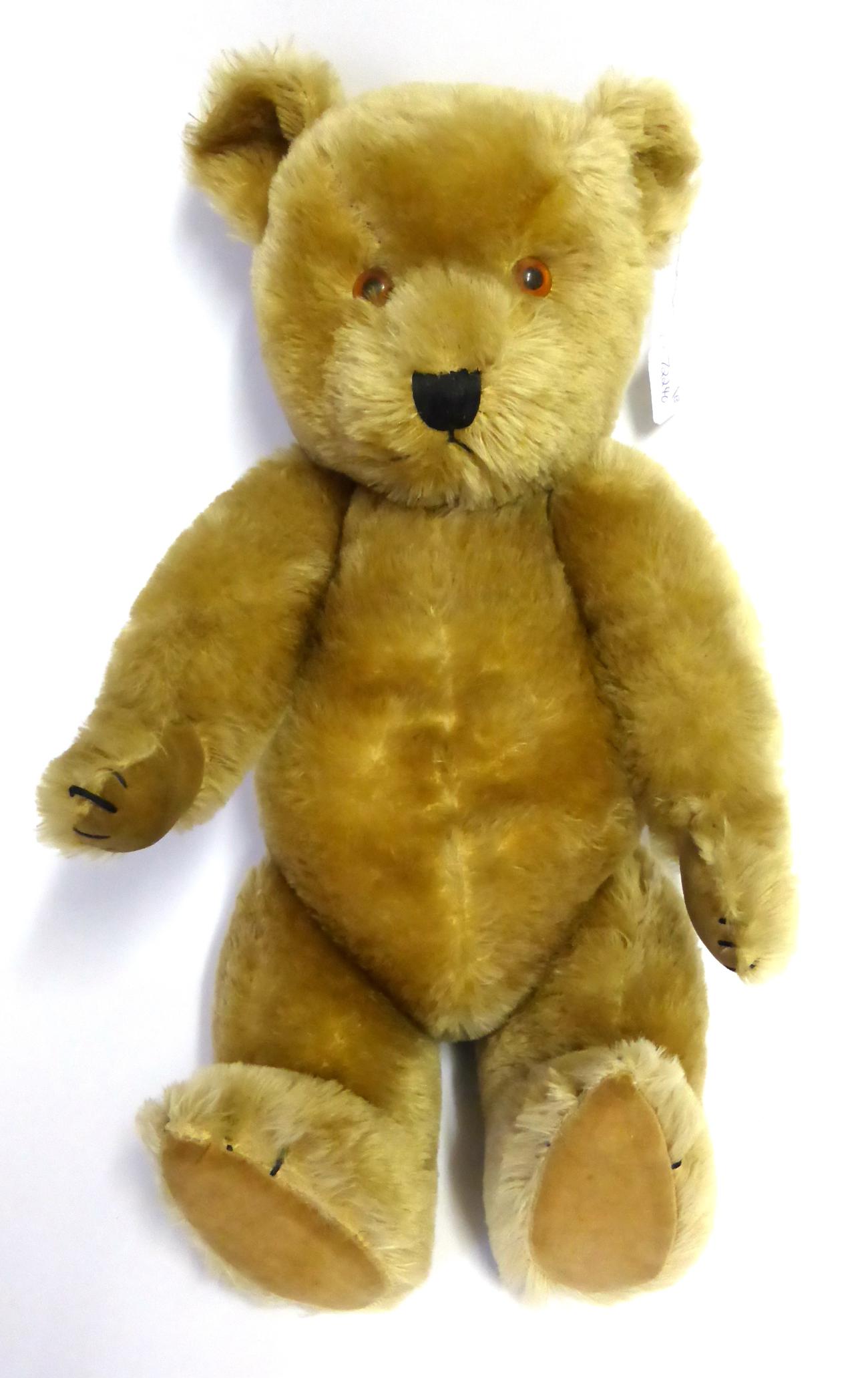 Chiltern Yellow Plush Jointed Teddy Bear with glass eyes, stitched nose, growler, velvet paw pads,