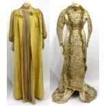 19th Century Yellow Silk Pelisse Robe, with peach silk panel mounted with chiffon to the front,