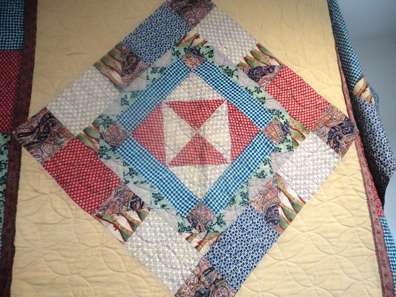 Late 19th Century Patchwork Quilt with central diamond motif and red cotton reverse 230cm by 240cm - Image 3 of 9