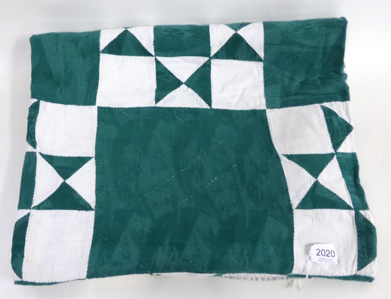 Late 19th Century Green and White Patchwork Quilt in star pattern, with white reverse, 200cm by