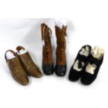 Three pairs of Early 20th Century Footwear including pair of black leather and brown fabric lace
