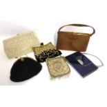 Circa 1930s and Later Evening Bags including a black beaded bag with gilt metal enamel hinged