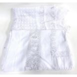 White Linen Table Cloth with drawn thread work, 244cm by 214cm; Another with Star Motifs and Lace