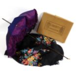 Circa 1920s Black Figured Silk Shawl printed with coloured flowers with tassel trim, in original