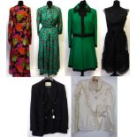 Assorted 1960s and Later Costume including a Susan Small black chiffon mounted sleeveless cocktail