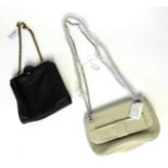 Lulu Guinness Cream Patent Anna Bow Bag with chain link shoulder strap, red lips on black printed