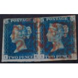 Great Britain. 1840 2d blue horizontal pair IK-IL. Four margins (lower huge). Small tear to left