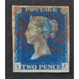 Great Britain. 1840 2d Blue I-J. Four margins, used with red Maltese cross