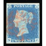 Great Britain. 1840 2d blue N-J. Four margins, used with red Maltese cross