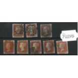 Great Britain. Eight 1841 1d reds (varying shades), all used. Four with four margins. One