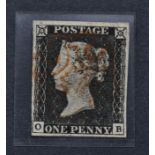 Great Britain. 1840 1d black O-B, Plate 4. Four margins, close bottom left. Used with red Maltese