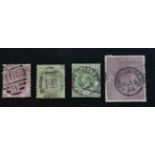 Great Britain. 1865 3d rose, plate 4 used, 1883 4d dull green, used. 1887 1s green, used. 1902 2s6d,