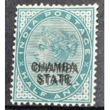 Indian Convention States - Chamba. 1887 to 1895 1/2a blue-green, with variety 'overprint double'